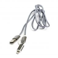 ������ PowerPlant Quick Charge 2A 2-�-1 cotton USB 2.0 AM  Lightning/Micro 1�grey