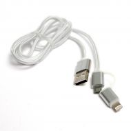 ������ PowerPlant Quick Charge 2A 2-�-1 cotton USB 2.0 AM  Lightning/Micro 1�silver