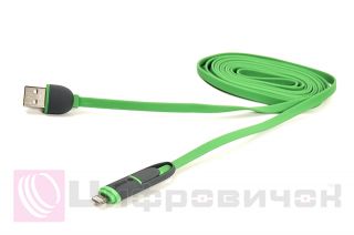 ������ PowerPlant Quick Charge 2A 2-�-1 flat USB 2.0 AM  Lightning/Micro 2�green